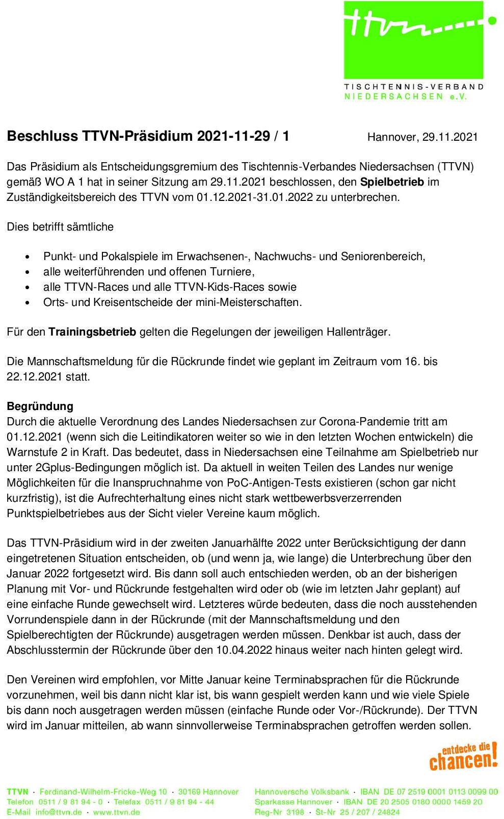 2021 11 29 Beschluss TTVN Praesidium Unterbrechung Spielbetrieb 001